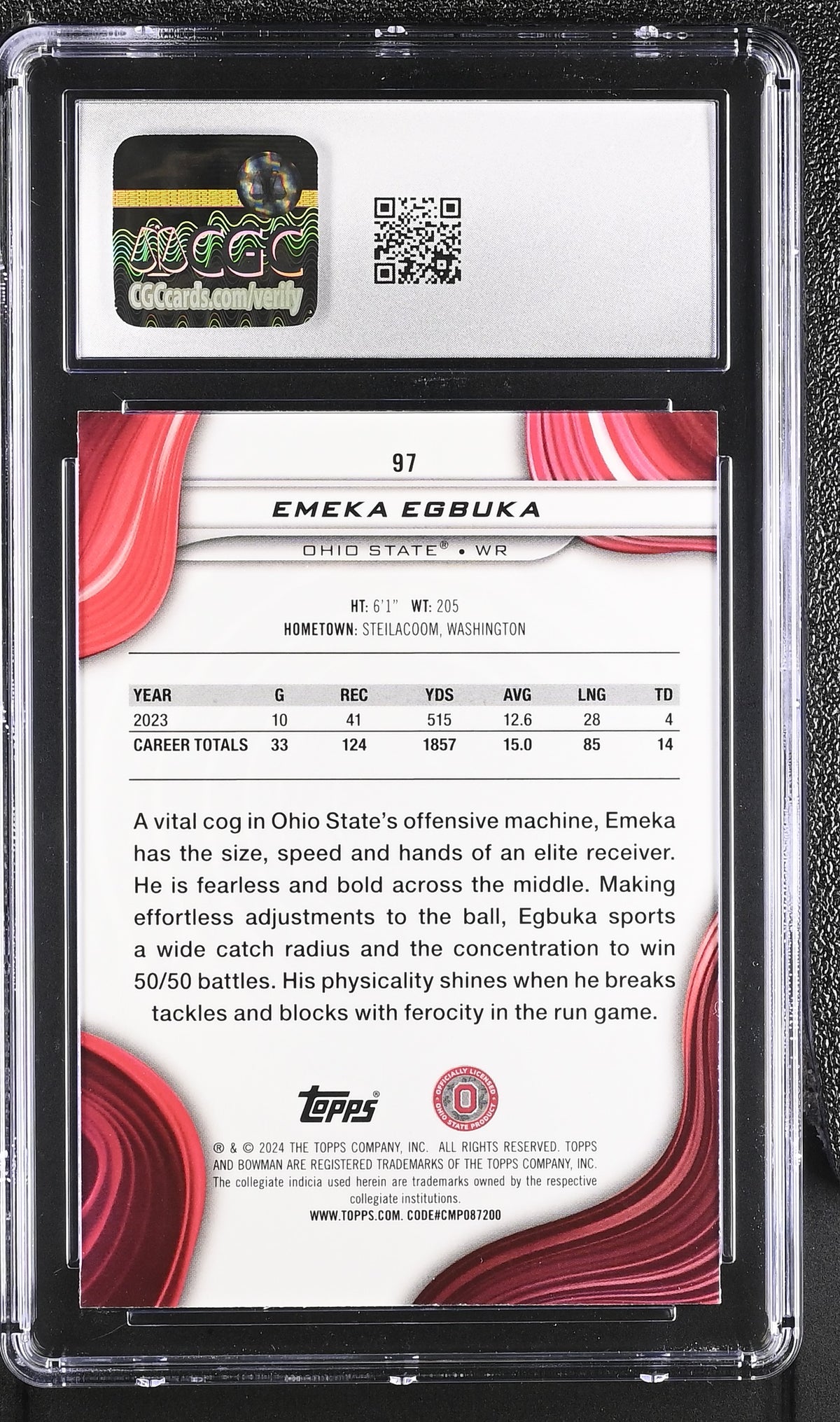 Emeka Egbuka Pink Lava Refractor 77/100 2024 Bowman University Best #97 CGC 9.5-2