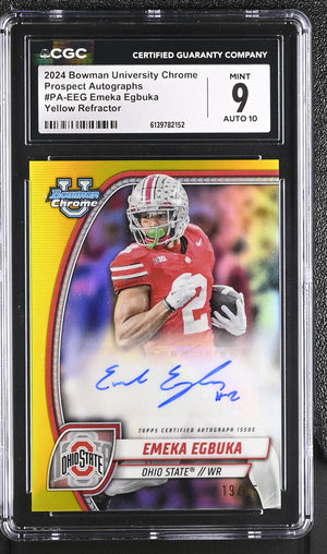 Emeka Egbuka Yellow Refractor 2024 University Chrome Prospect Autographs 19/75 CGC 9 Auto 10