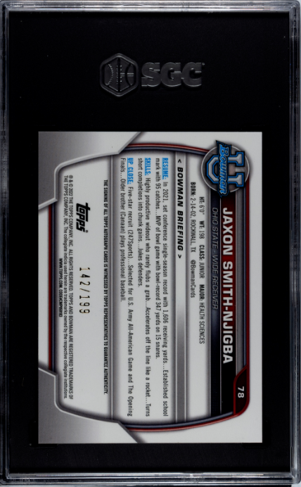 Jaxon Smith-Njigba 2022 Bowman University Chrome Auto. Lava Refractor 142/199 #78 SGC 10-2