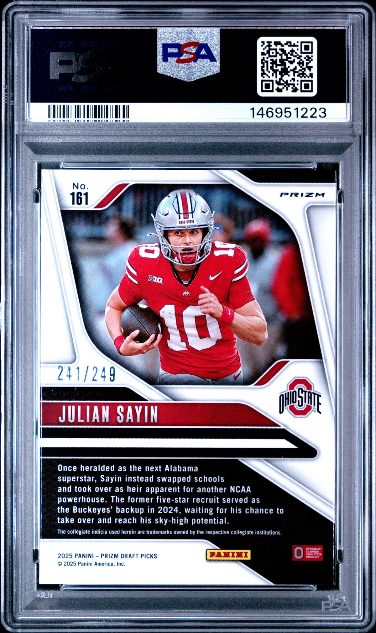 Julian Sayin 2025 Panini Prizm Draft Picks Blue Prizm 241/249 #161 PSA 10-2