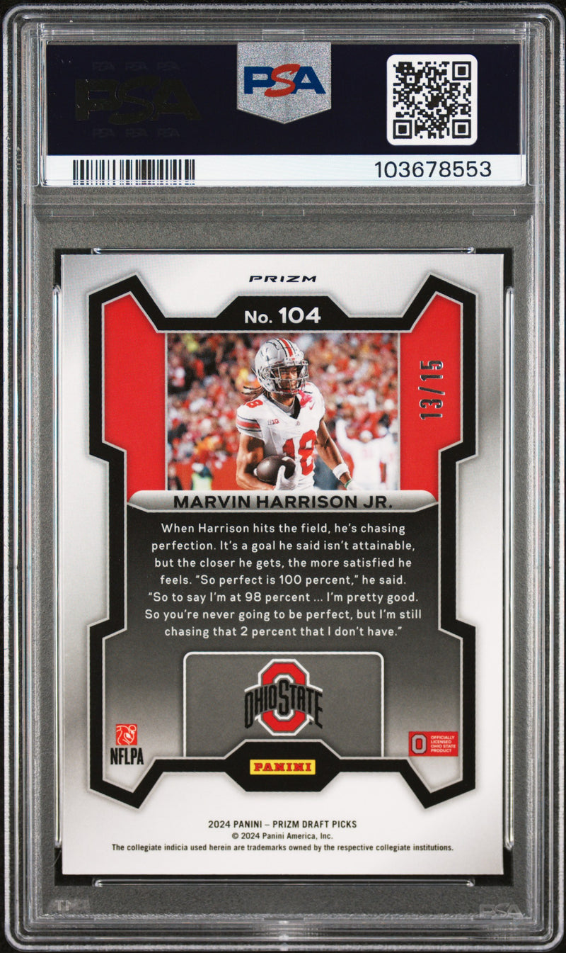 Marvin Harrison Jr. 2024 Panini Prizm Draft Picks Gold Shimmer 13/15 #104 PSA 9-2