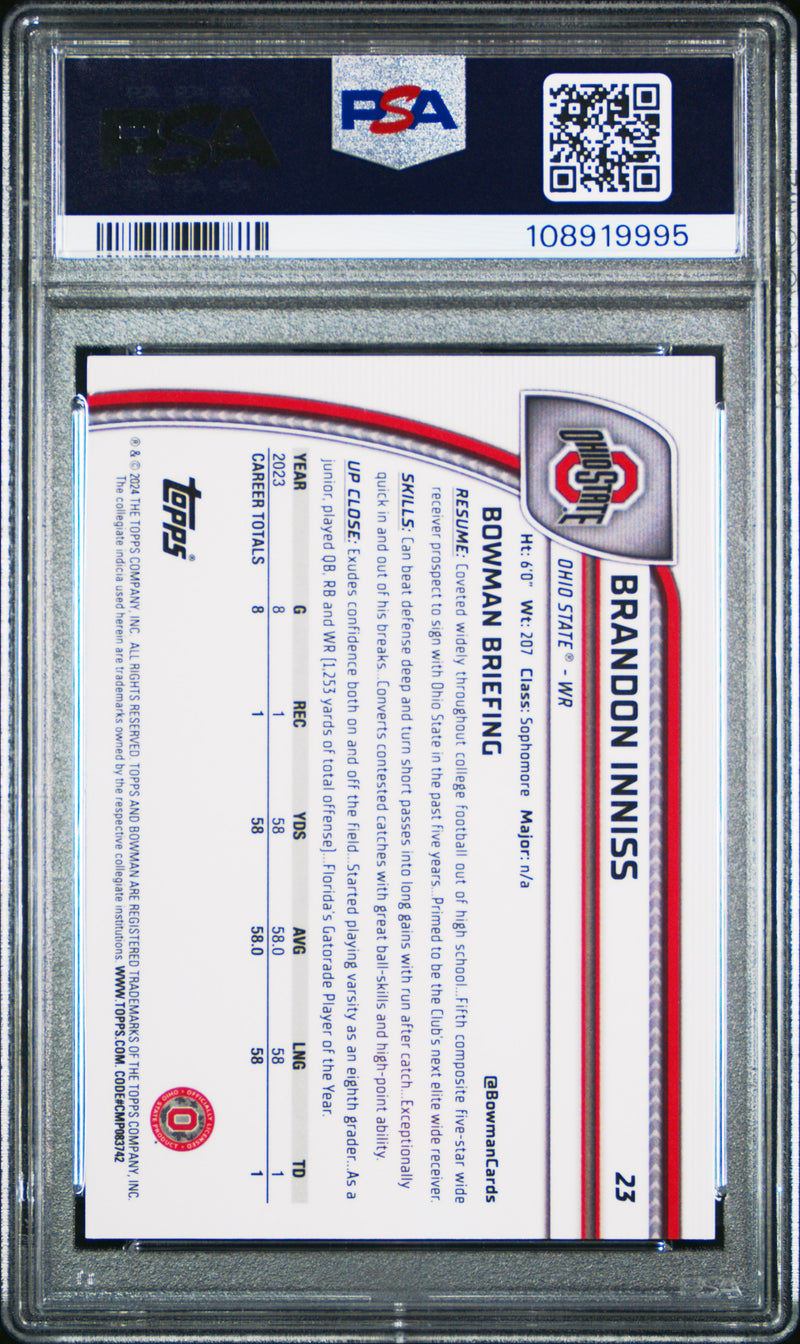 Brandon Inniss 2024 Bowman University Chrome Sapphire Gold 12/50 PSA 10-2