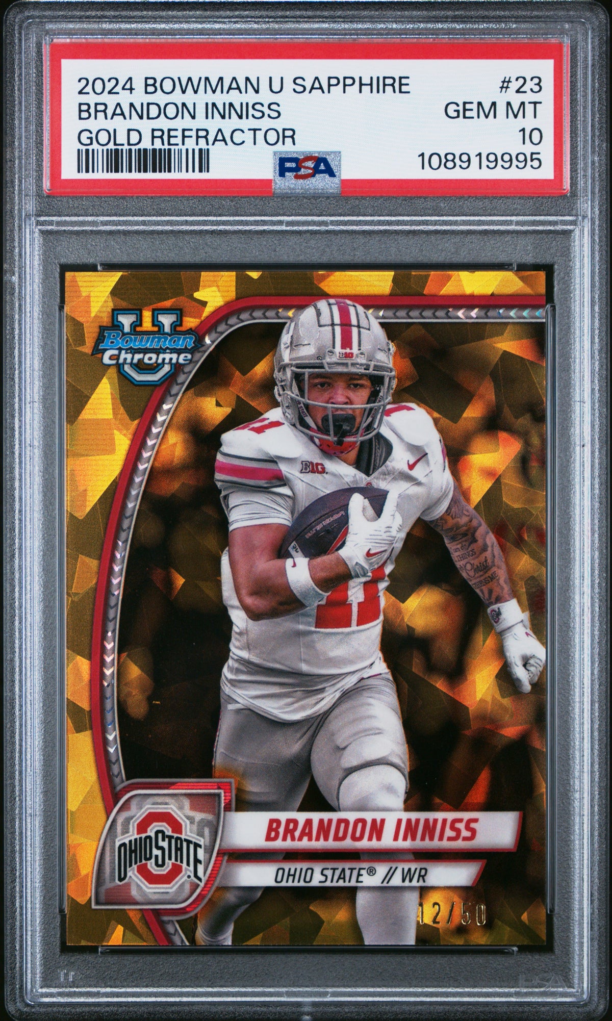 Brandon Inniss 2024 Bowman University Chrome Sapphire Gold 12/50 PSA 10