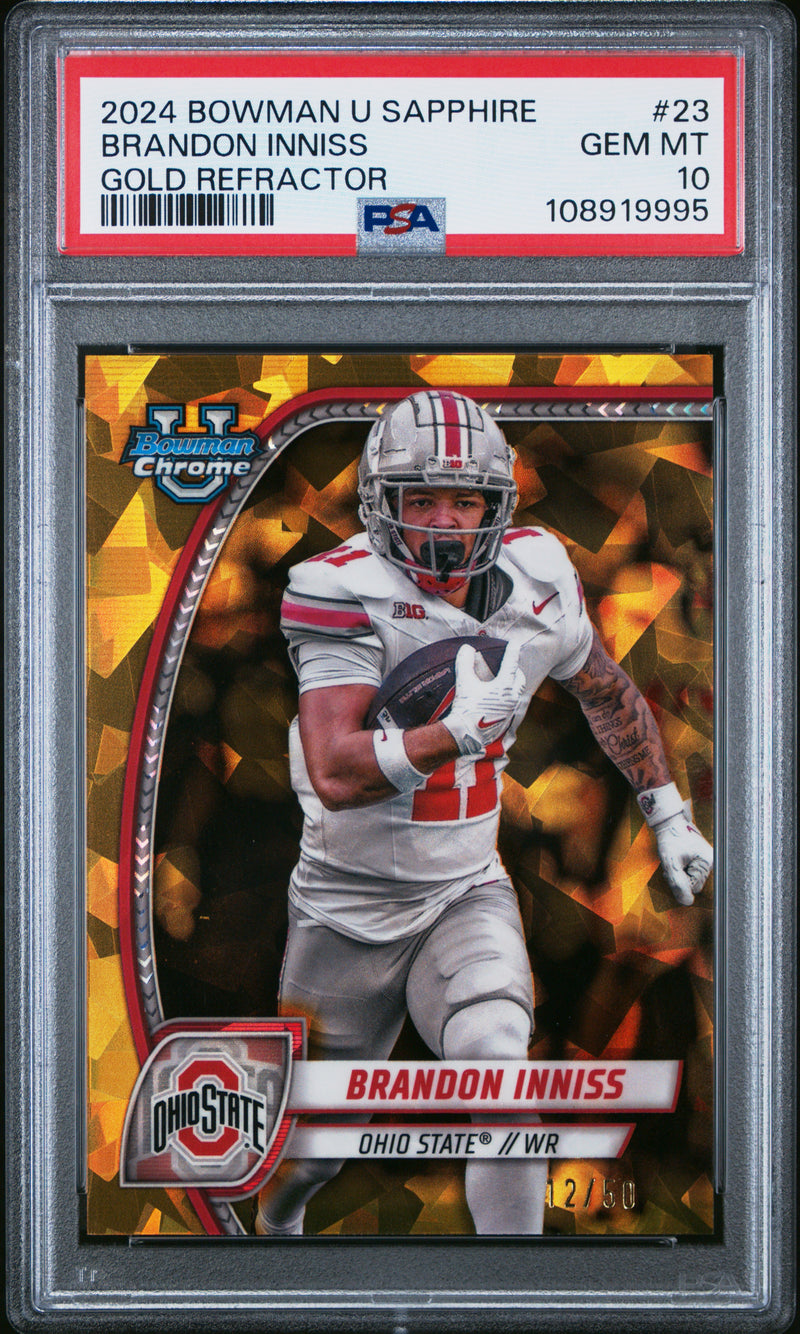 Brandon Inniss 2024 Bowman University Chrome Sapphire Gold 12/50 PSA 10-1