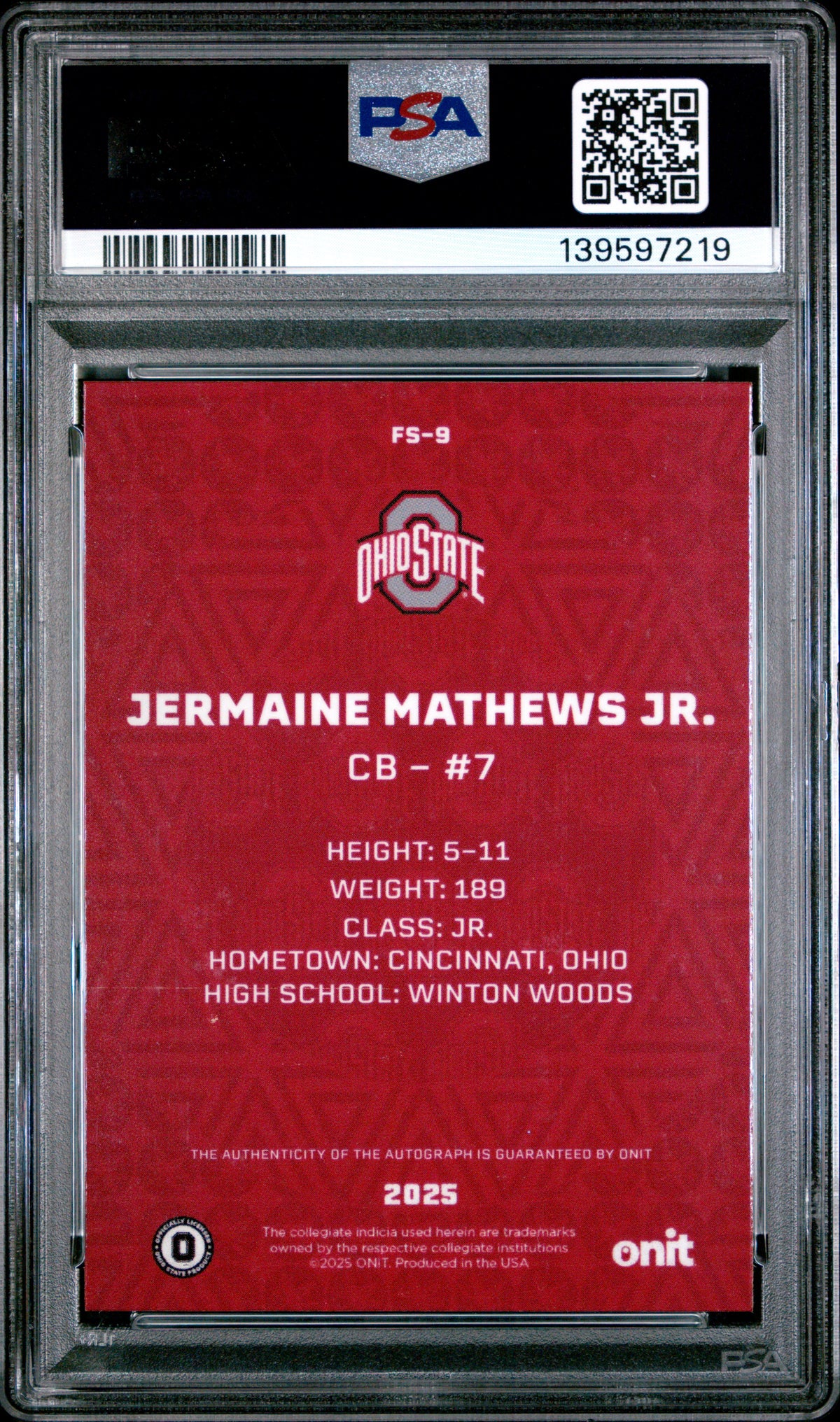 Jermaine Mathews Jr. 2025 Onit Ohio State University Fusion Signatures 48/60 #FS-9-2