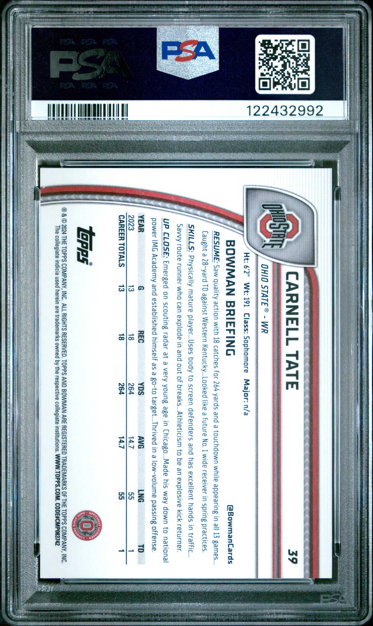 Carnell Tate 2024 Bowman University Chrome Blue Mini Diamond 139/175 #39 PSA 10-2