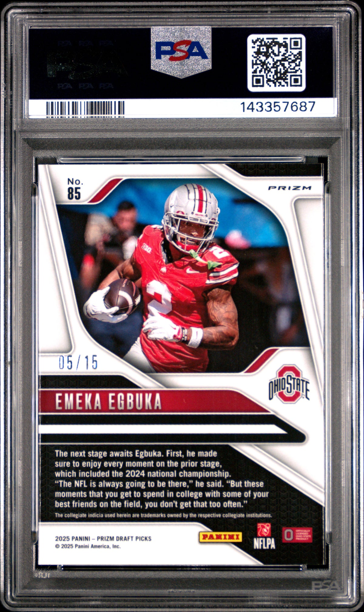 Emeka Egbuka 2025 Panini Prizm Draft Picks Gold Shimmer 5/15 #85 PSA 9-2