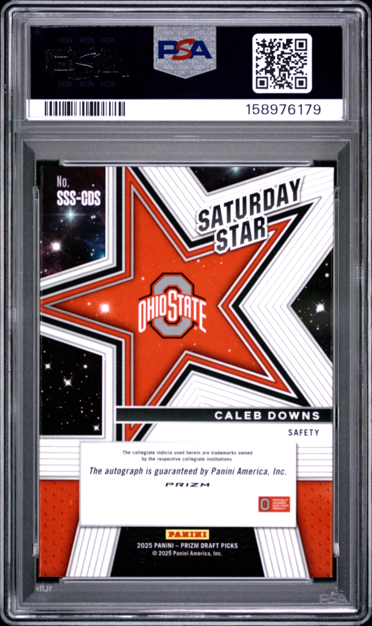 Caleb Downs 2025 Panini Prizm Draft Picks Saturday Star Signatures Sat Star Sig-Silver Prizm #SSS-CDS PSA 10-2