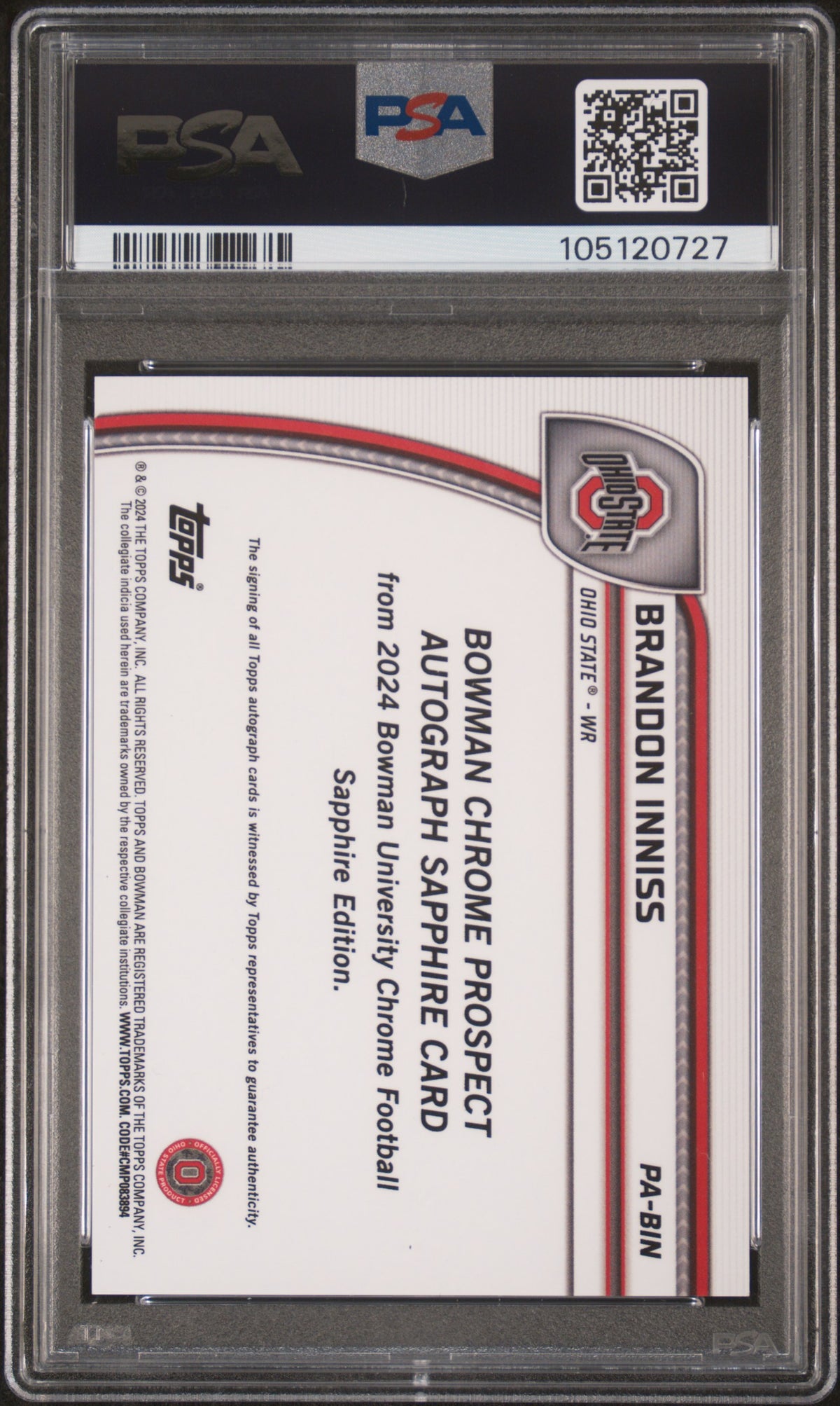 Brandon Inniss 2024 Bowman University Chrome Bowman Chrome Sapphire Prospect Autographs Chrome Prspct Au-Black Ref 2/10 #PABIN PSA 10-2