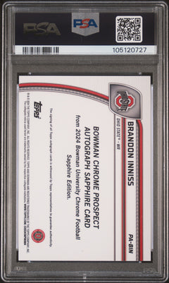 Brandon Inniss 2024 Bowman University Chrome Bowman Chrome Sapphire Prospect Autographs Chrome Prspct Au-Black Ref 2/10 #PABIN PSA 10-2