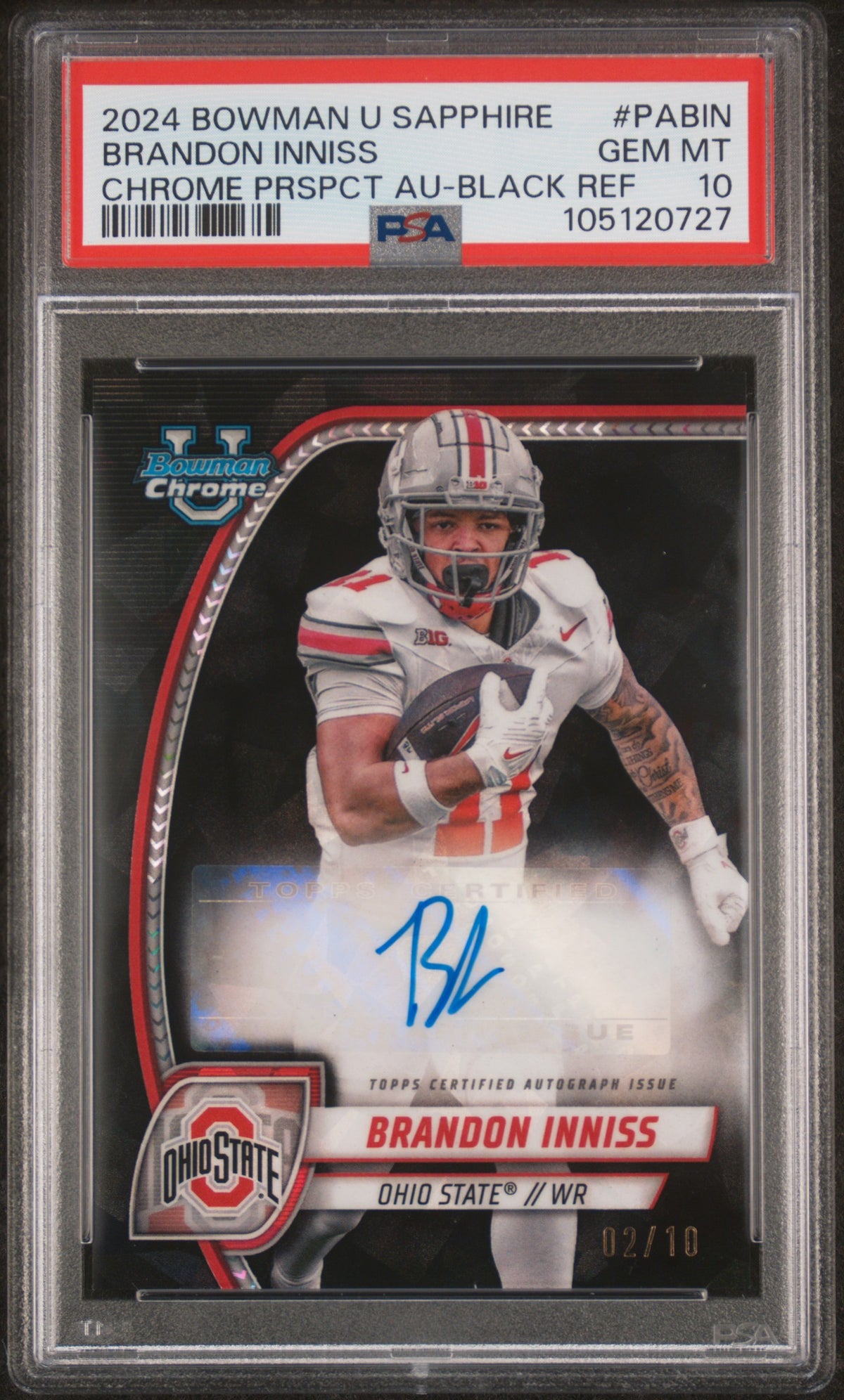 Brandon Inniss 2024 Bowman University Chrome Bowman Chrome Sapphire Prospect Autographs Chrome Prspct Au-Black Ref 2/10 #PABIN PSA 10