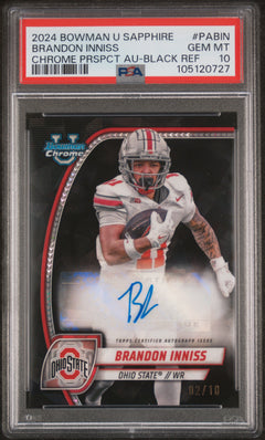 Brandon Inniss 2024 Bowman University Chrome Bowman Chrome Sapphire Prospect Autographs Chrome Prspct Au-Black Ref 2/10 #PABIN PSA 10-1