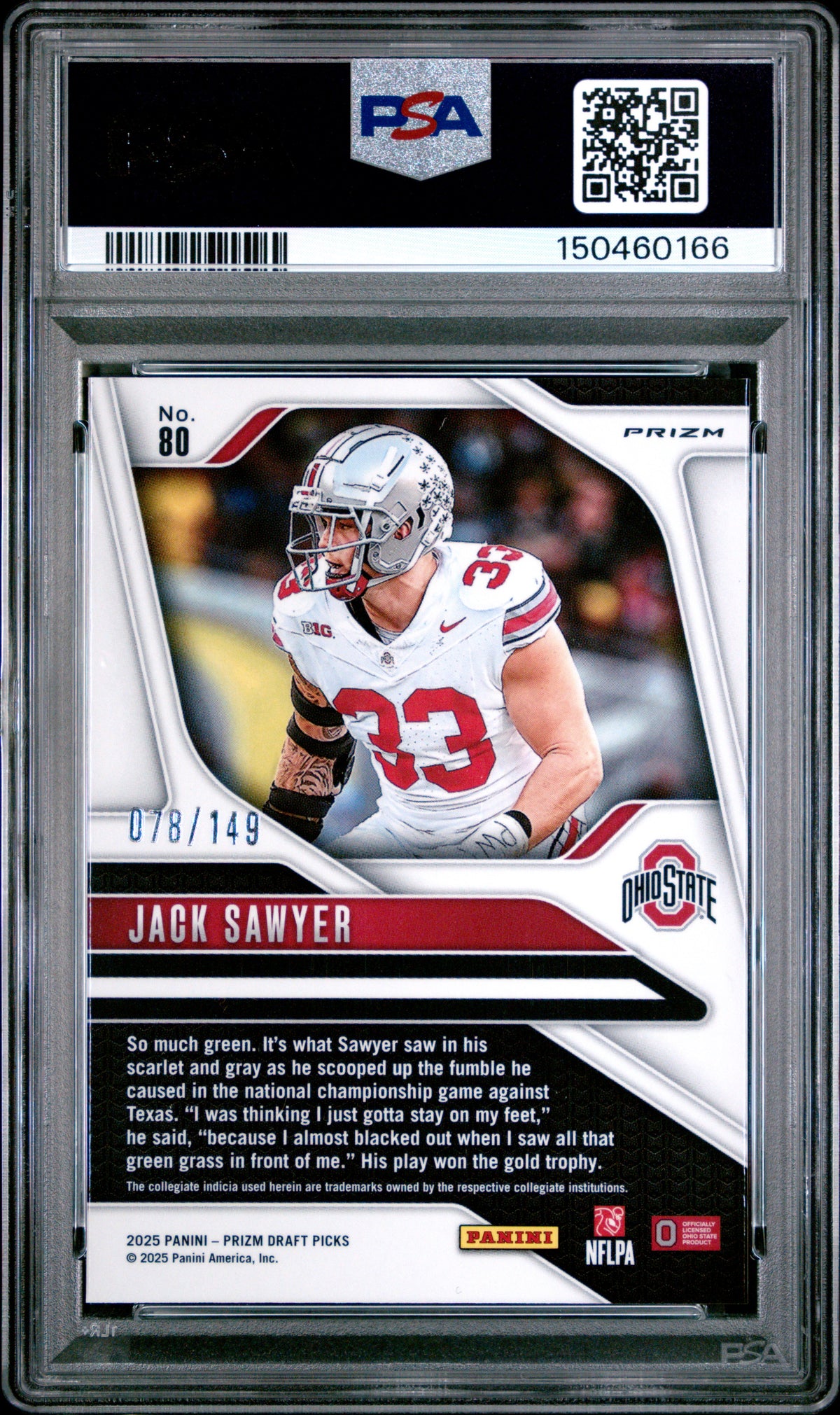 Jack Sawyer 2025 Panini Prizm Draft Picks Blue Ice 78/149 #80 PSA 10