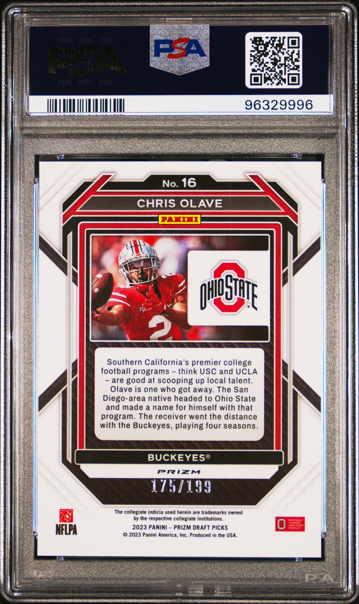 Chris Olave 2023 Panini Prizm Draft Picks Blue Prizm 175/199 #16 PSA 10