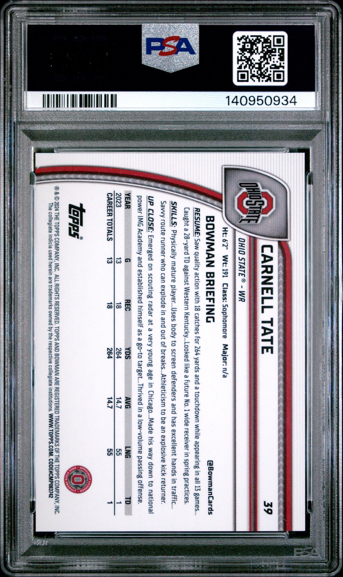 Carnell Tate 2024 Bowman University Chrome Aqua Refractor 35/299 #39 PSA 10