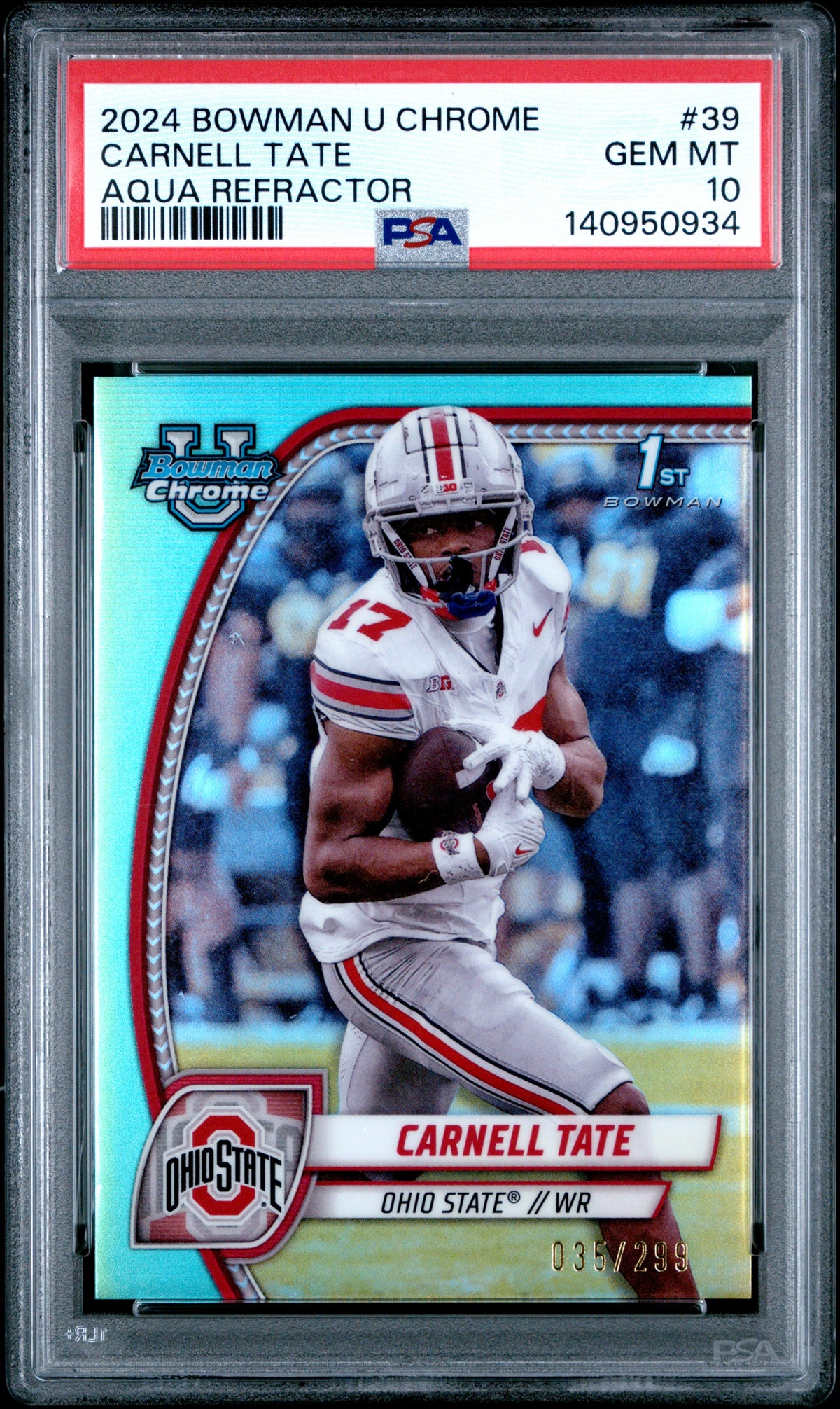 Carnell Tate 2024 Bowman University Chrome Aqua Refractor 35/299 #39 PSA 10