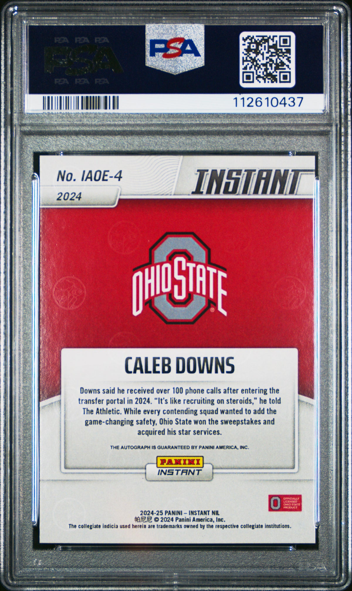 Caleb Downs 2024 Panini Instant Nil College Football Open Edition Autographs #IAOE4 PSA 10