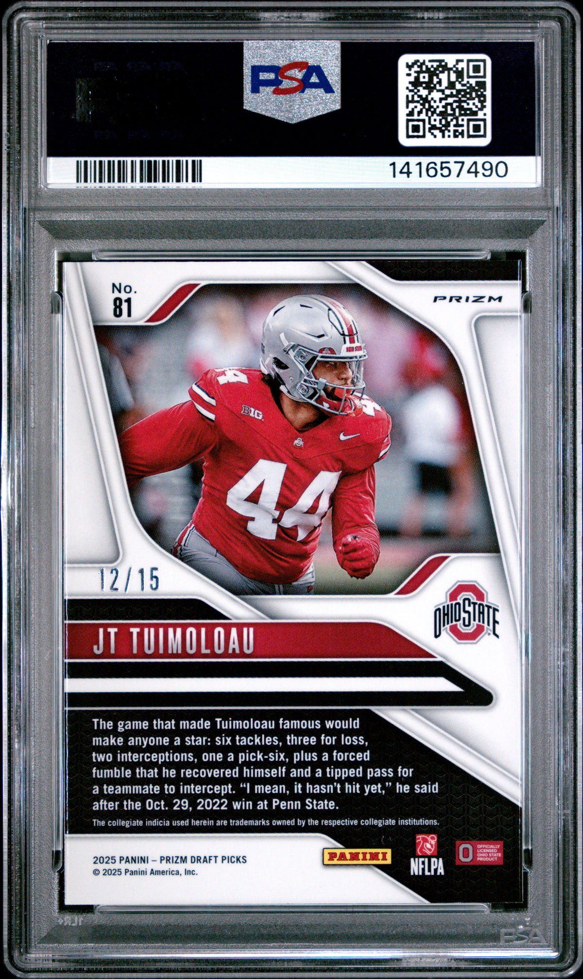 Jt Tuimoloau 2025 Panini Prizm Draft Picks Gold Shimmer 12/15 #81 PSA 9