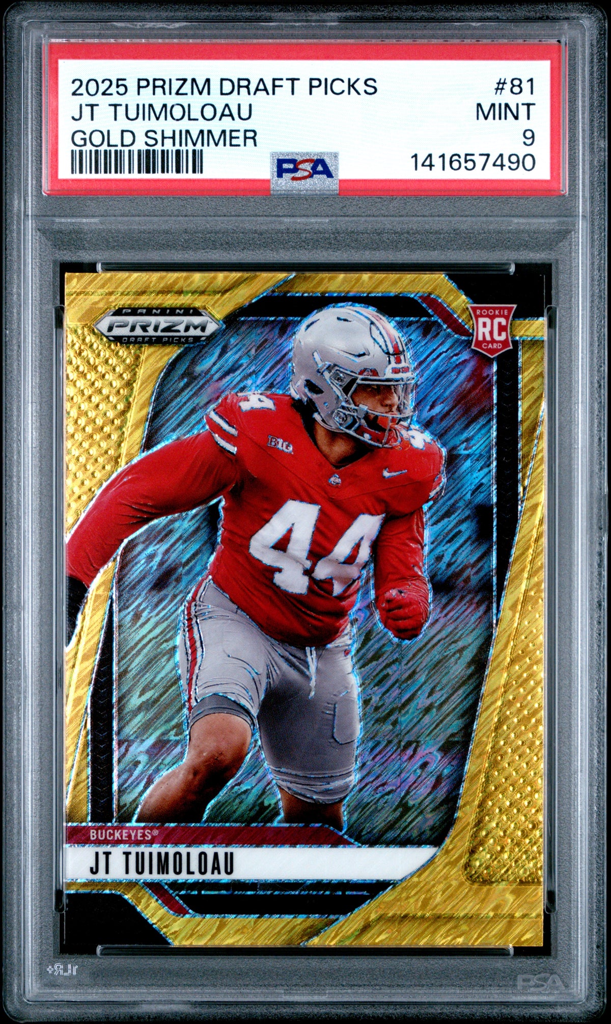 Jt Tuimoloau 2025 Panini Prizm Draft Picks Gold Shimmer 12/15 #81 PSA 9