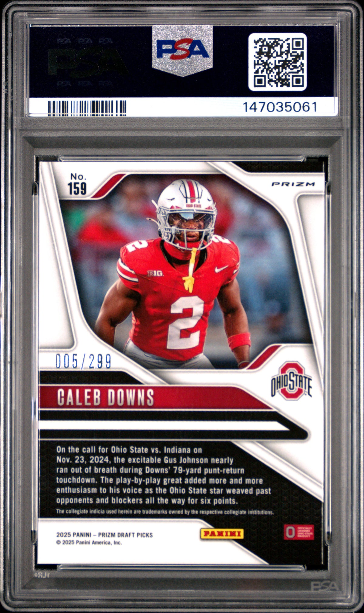 Caleb Downs 2025 Panini Prizm Draft Picks Blue Wave 5/299 #159 PSA 10