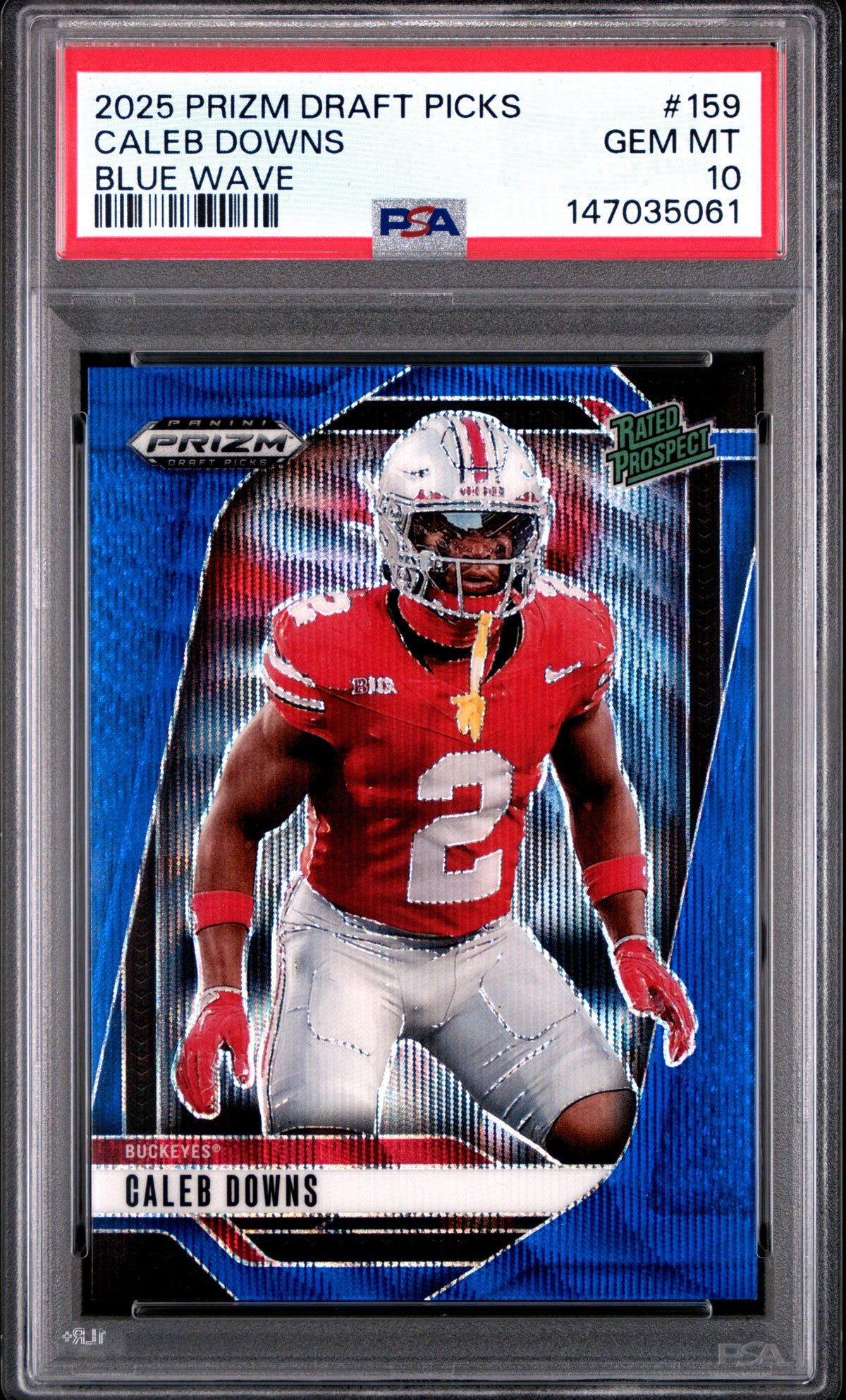 Caleb Downs 2025 Panini Prizm Draft Picks Blue Wave 5/299 #159 PSA 10