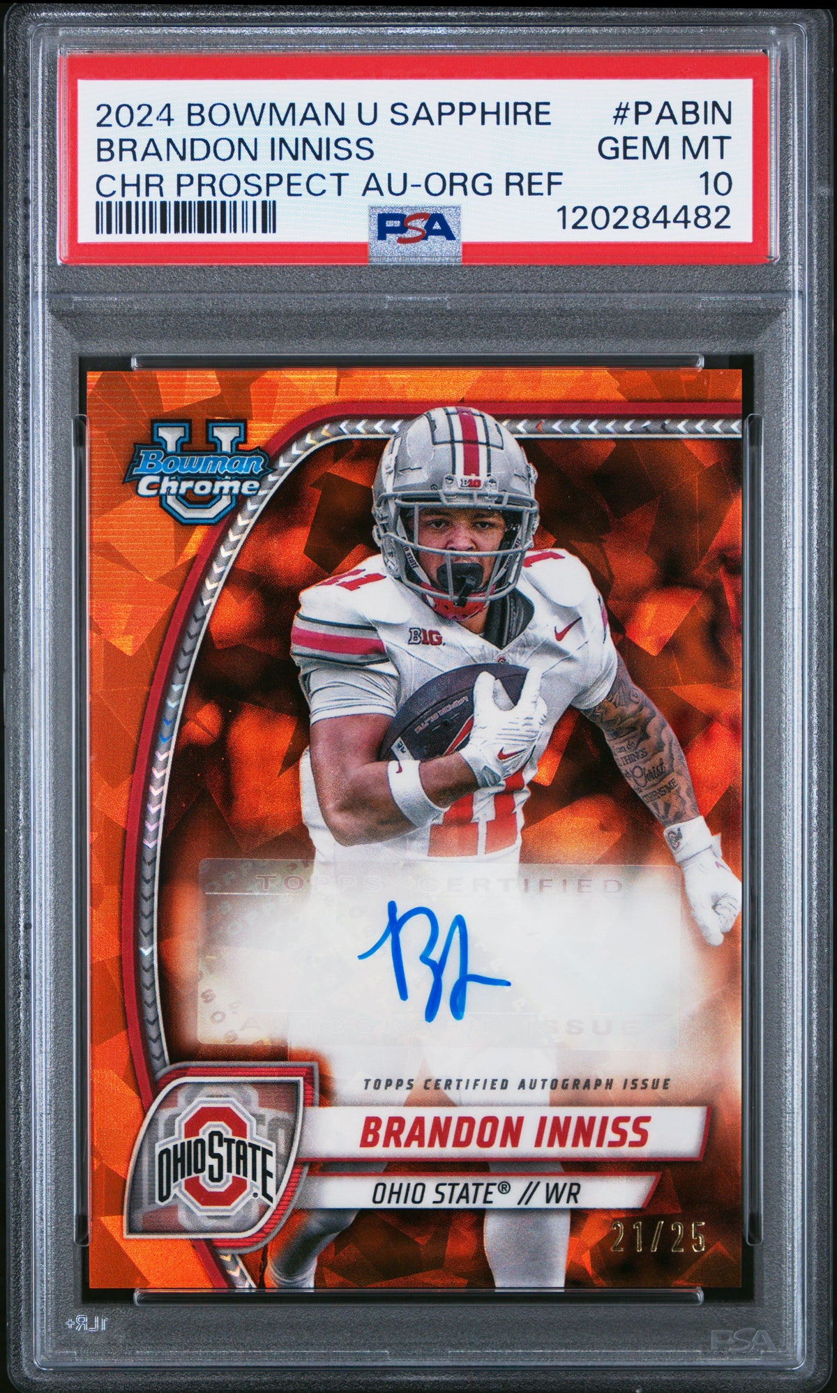 Brandon Inniss 2024 Bowman University Chrome Bowman Chrome Sapphire Prospect Autographs Chr Prospect Au-Org Ref 21/25 #PABIN PSA 10