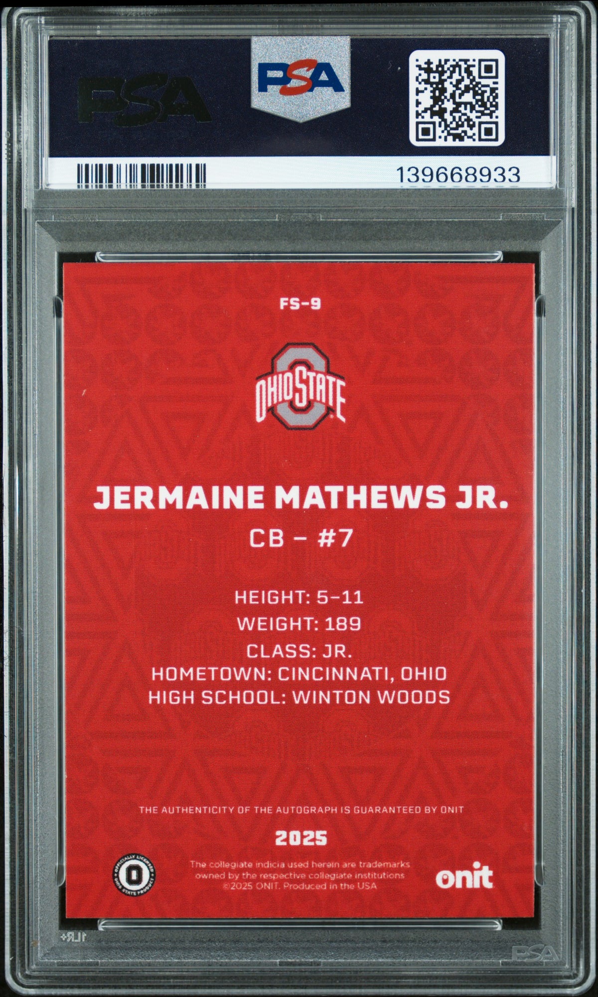Jermaine Mathews Jr. 2025 Onit Ohio State University Fusion Signatures 43/60 #FS-9 PSA 9