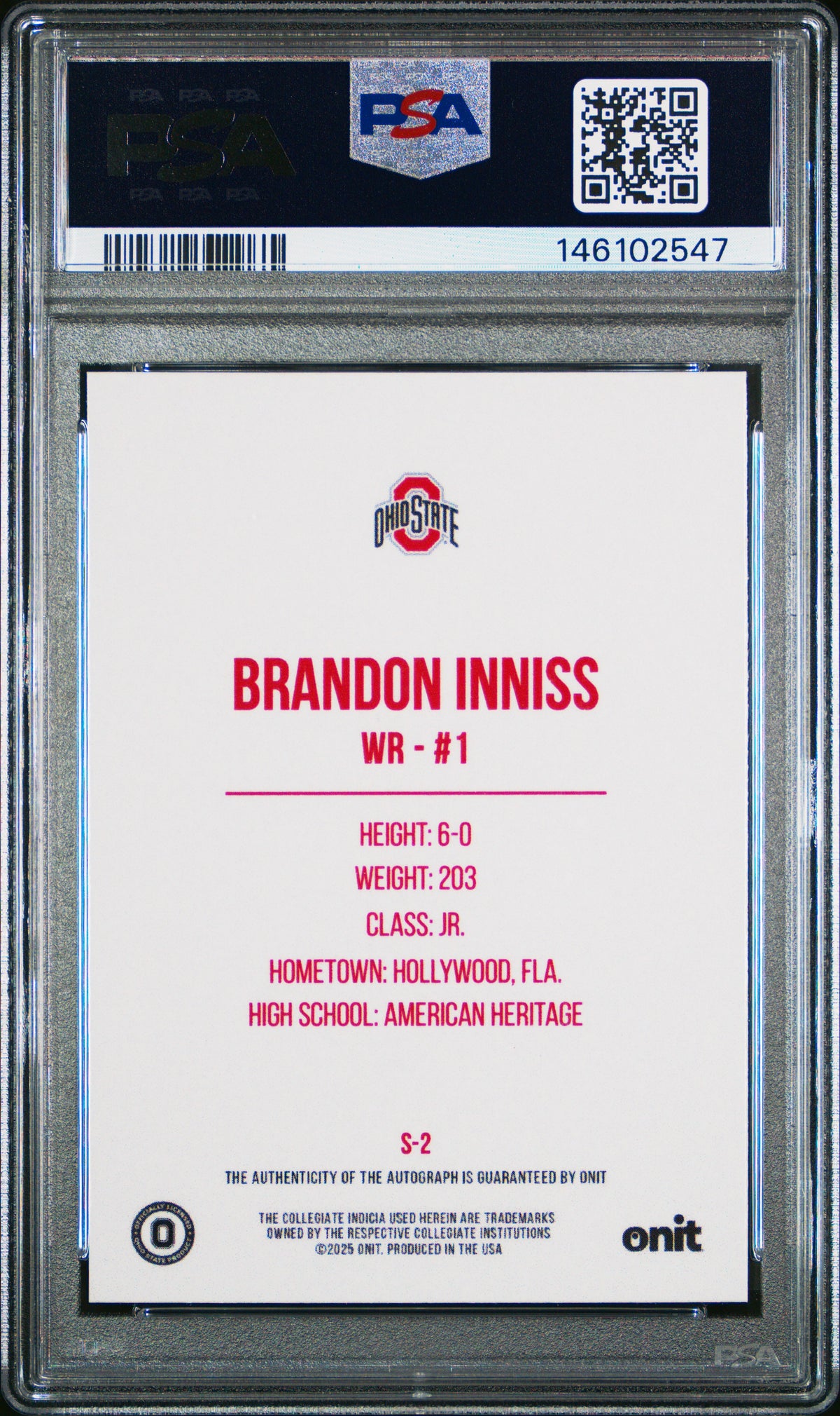 Brandon Inniss 2025 Onit Ohio State University Signatures #S-2 PSA 9