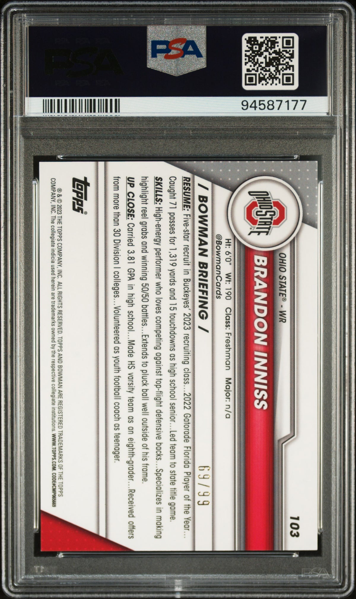 Brandon Inniss 2023 Bowman University Chrome Green Refractor 69/99 #103 PSA 10