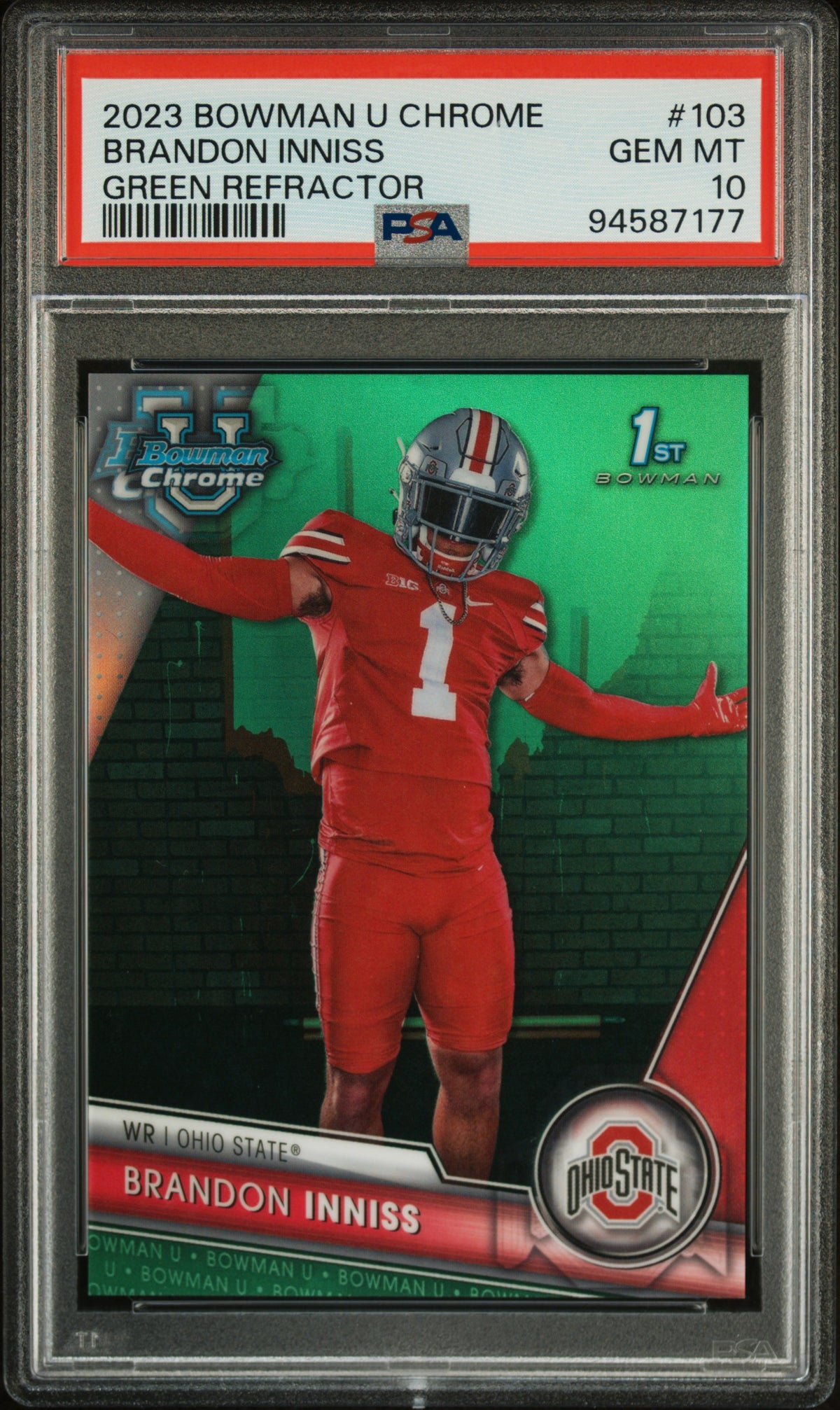 Brandon Inniss 2023 Bowman University Chrome Green Refractor 69/99 #103 PSA 10