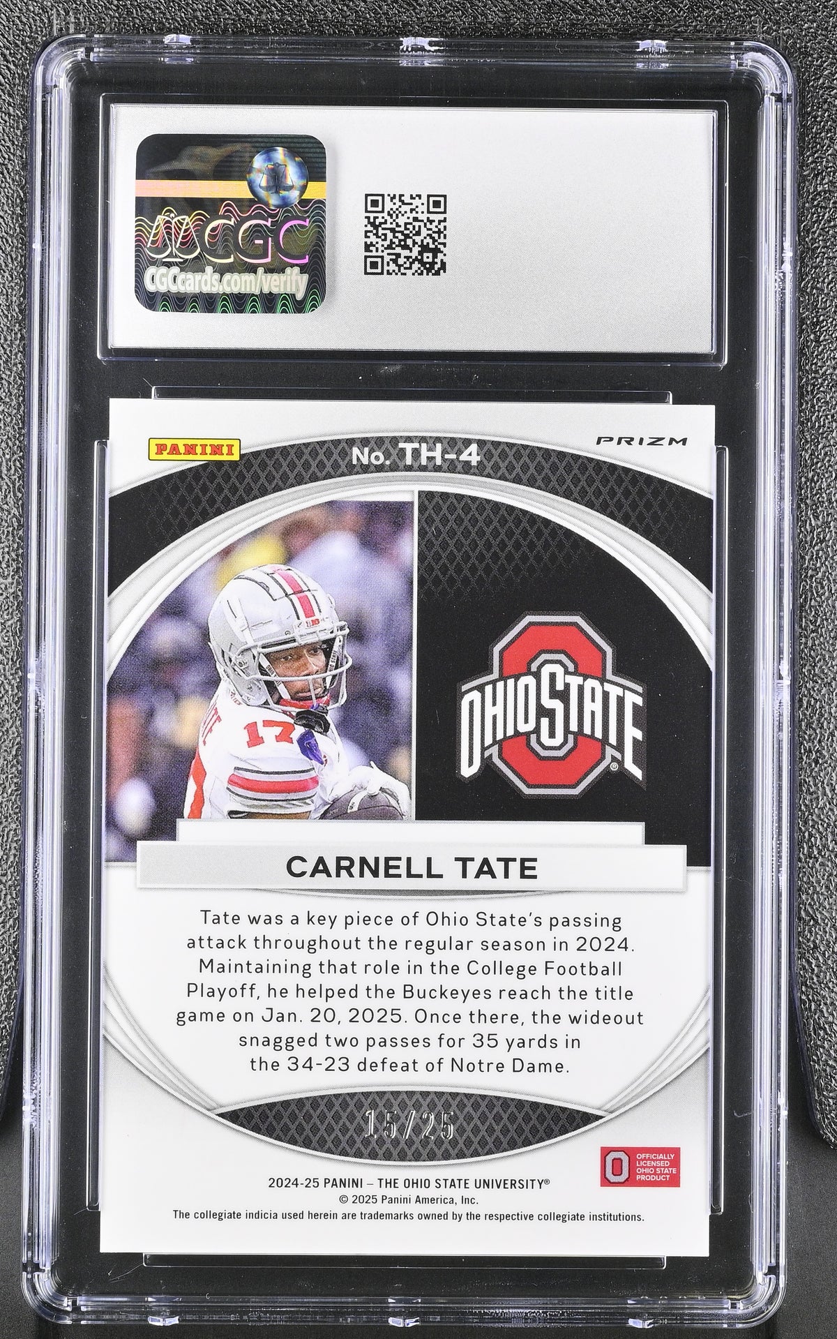 Carnell Tate Silver Vinyl 2024-25 Ohio State Prizm Trophy Hunting 15/25 #TH-4 CGC 9-2