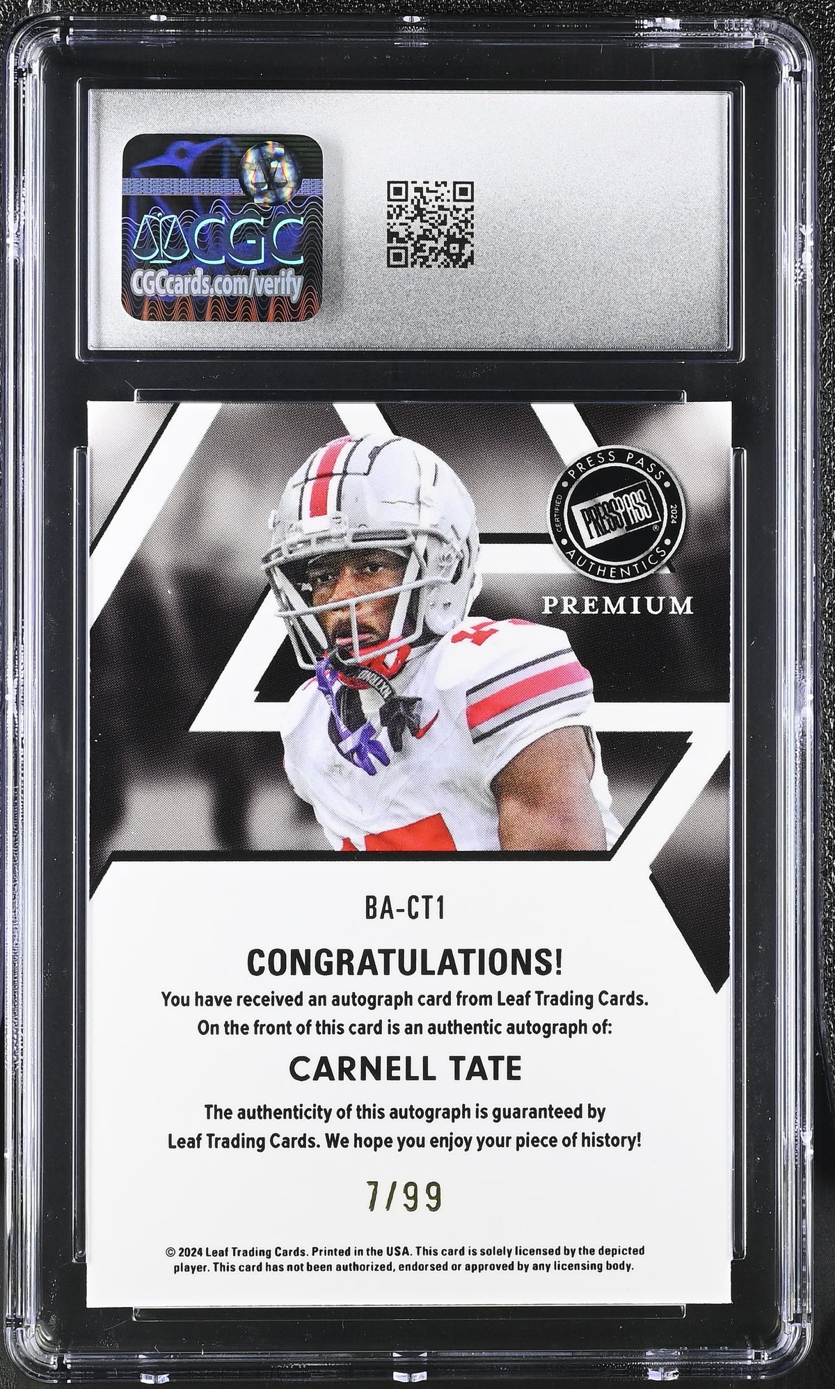 Carnell Tate 2024 Press Pass Premium Autographs 7/99 #BA-CT1 CGC 10