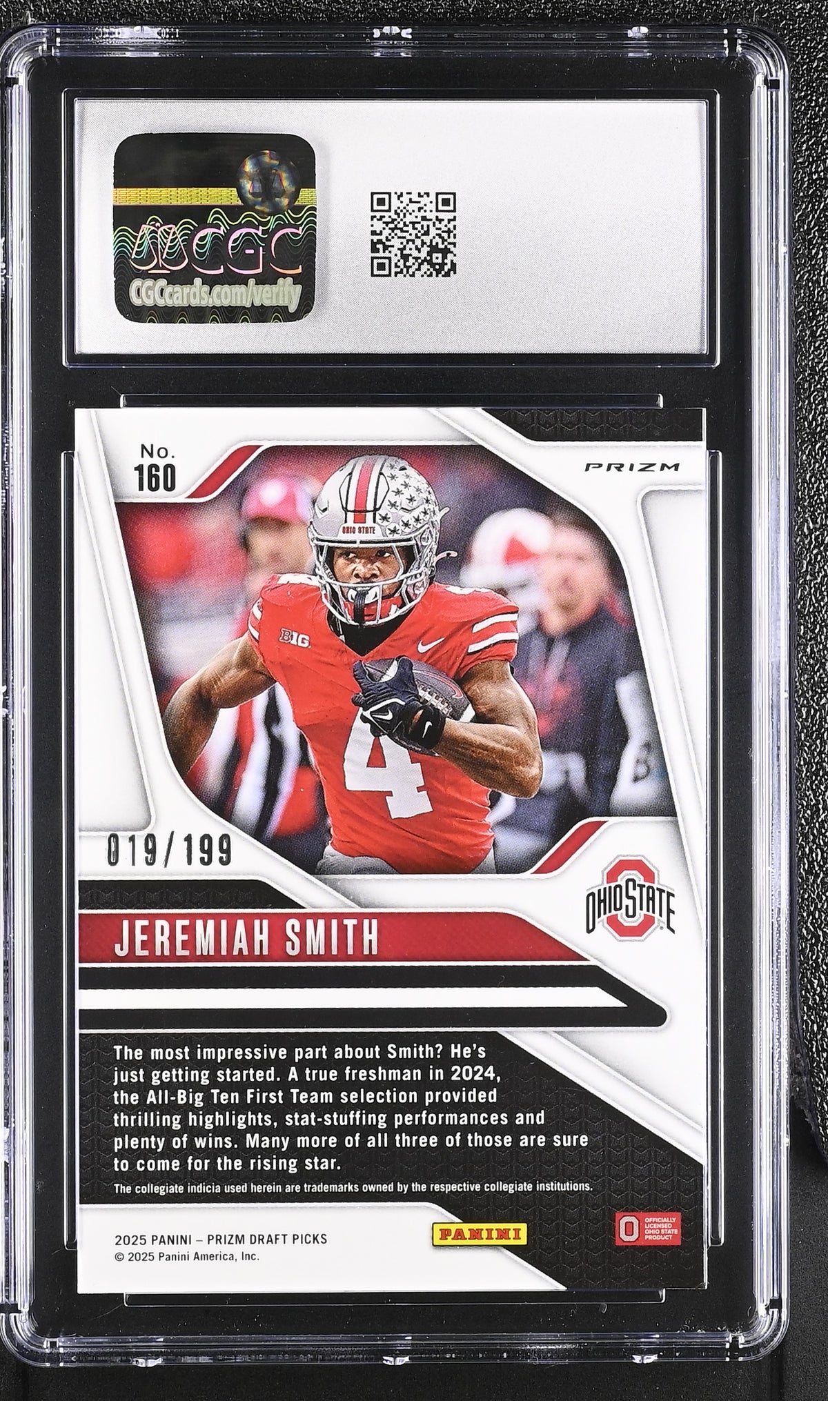 Jeremiah Smith Purple Ice 2025 Prizm Draft Picks 19/199 #160 CGC 9.5-2