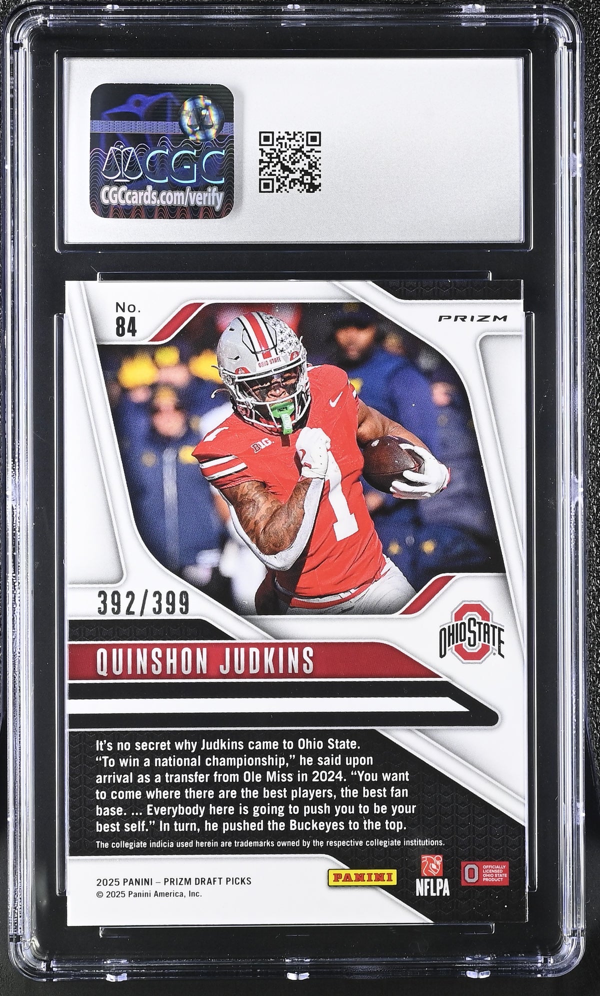 Quinshon Judkins Red 392/399 2025 Prizm Draft Picks #84 CGC 10-2
