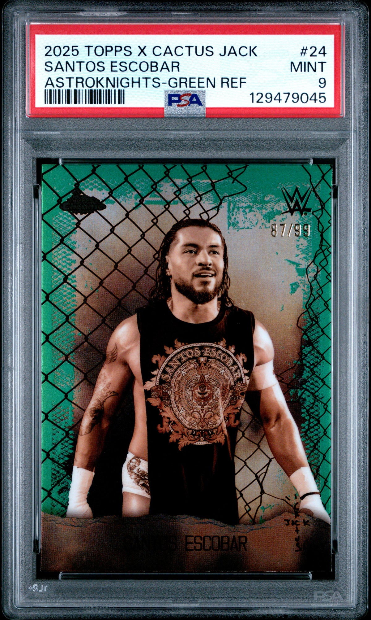 Santos Escobar 2025 Topps Chrome X Cactus Jack WWE Green Astroknights SP 87/99 PSA 8