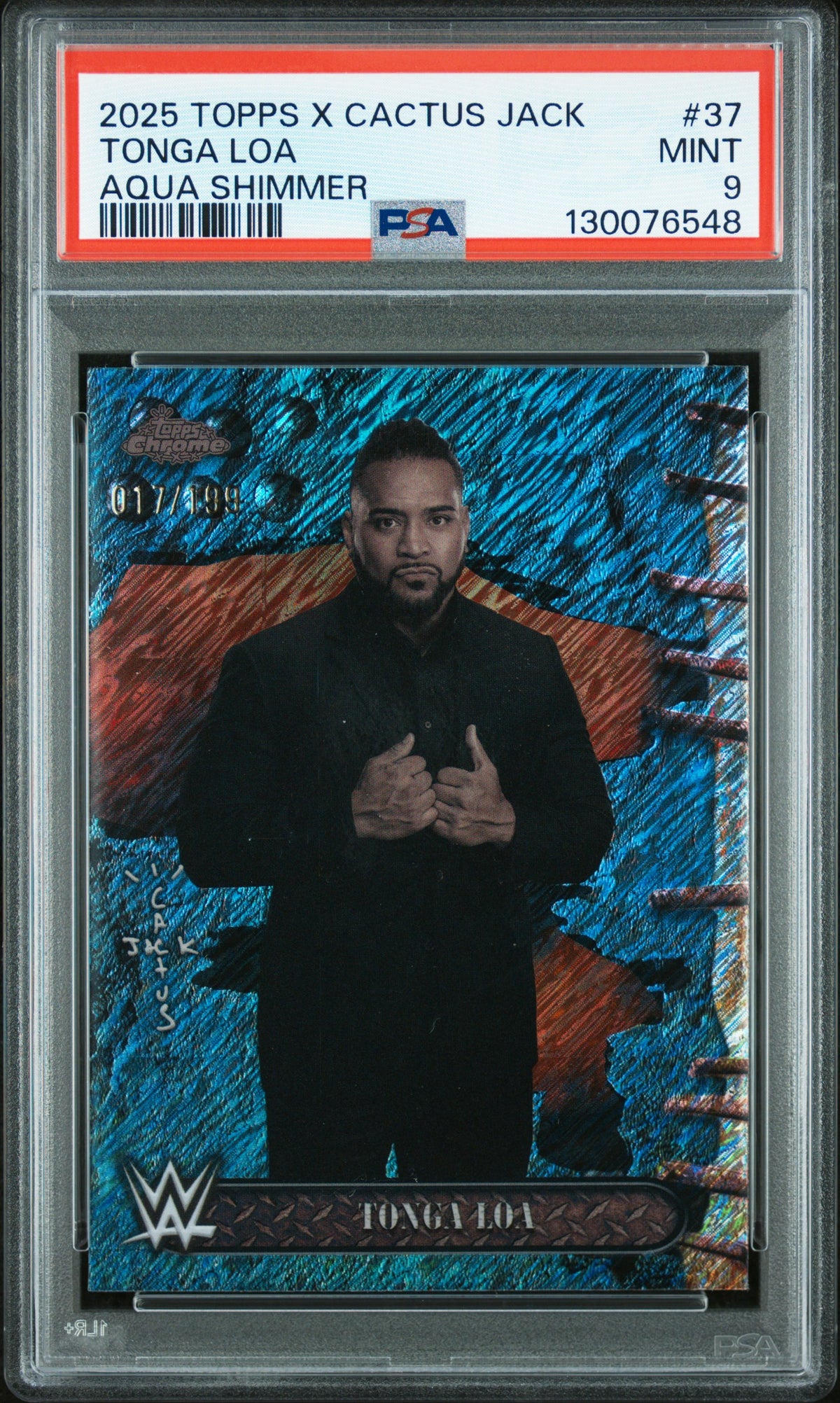Tonga Loa 2025 Topps Chrome X Cactus Jack WWE Aqua Shimmer SP 17/199 PSA 9