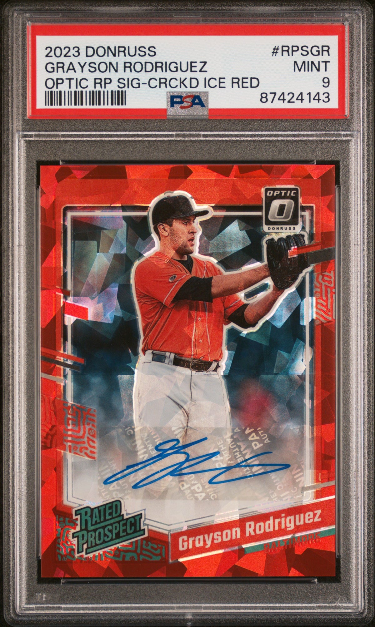 Grayson Rodriguez RC 2023 Donruss Optic Red Ice Rated Prospect Rookie Auto SP 5/23 PSA 9