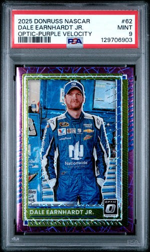 Dale Earnhardt Jr 2025 Donruss Optic NASCAR Purple Velocity Prizm SP 52/59 PSA 9