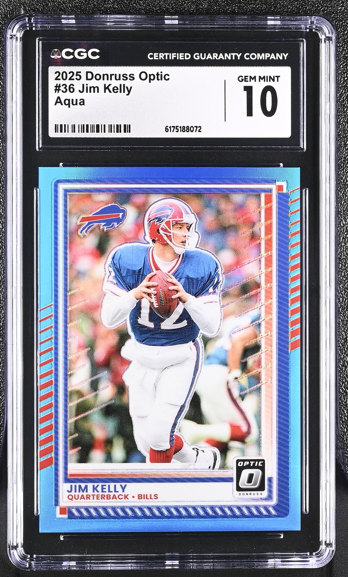 Jim Kelly 2025 Donruss Optic Aqua Prizm SP 135/349 CGC 10
