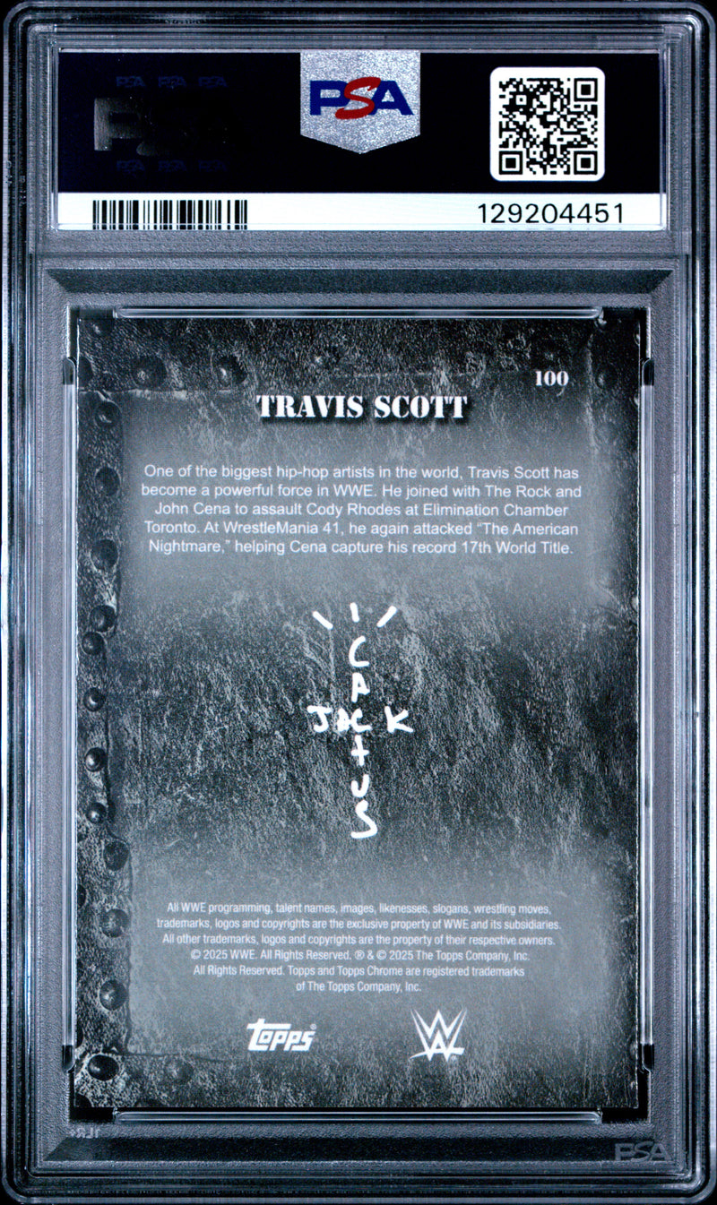 Travis Scott 2025 Topps Chrome X Cactus Jack WWE Black Yellow Refractor #100 PSA 9-2