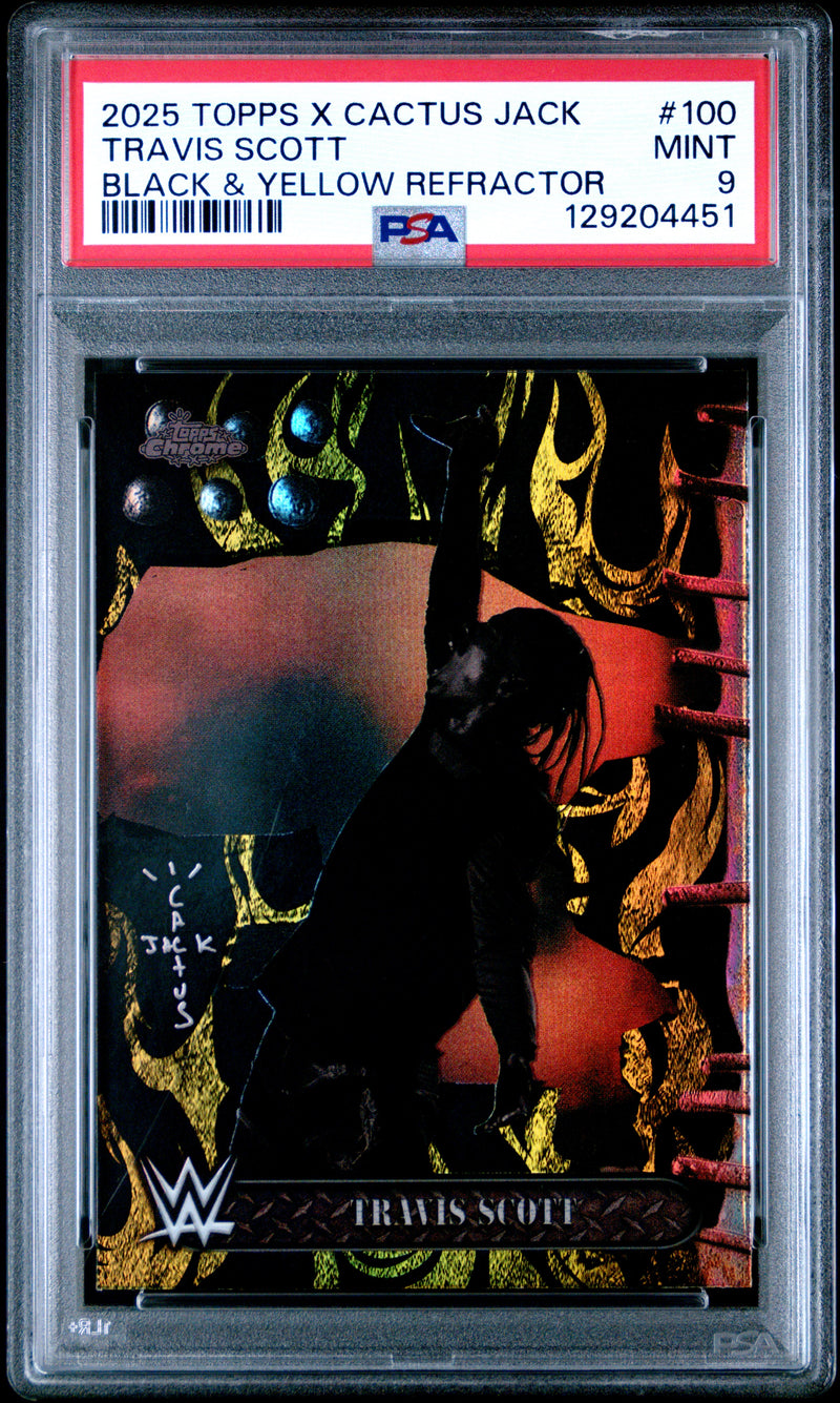 Travis Scott 2025 Topps Chrome X Cactus Jack WWE Black Yellow Refractor #100 PSA 9-1