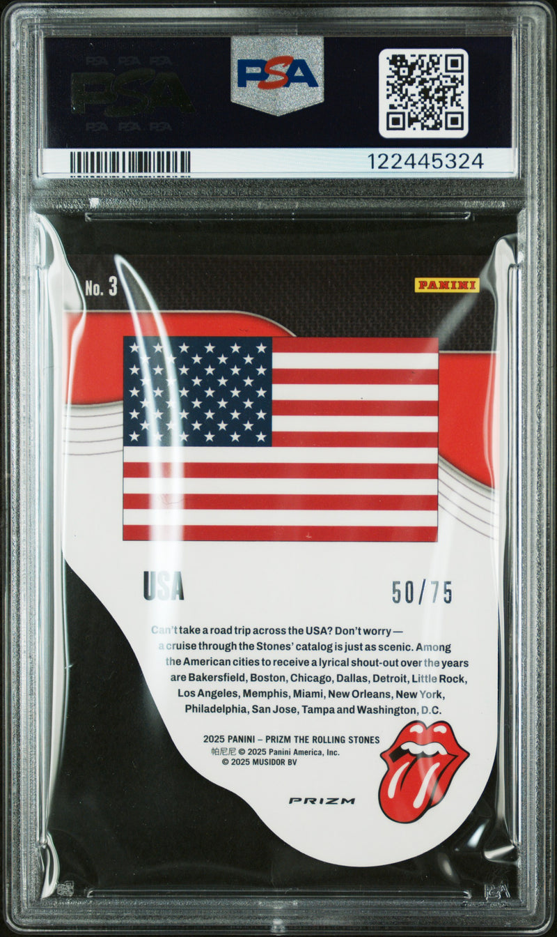 USA 2025 Panini Prizm Rolling Stones Blue Scope International Licks Die Cut SP 50/75 PSA 9-2