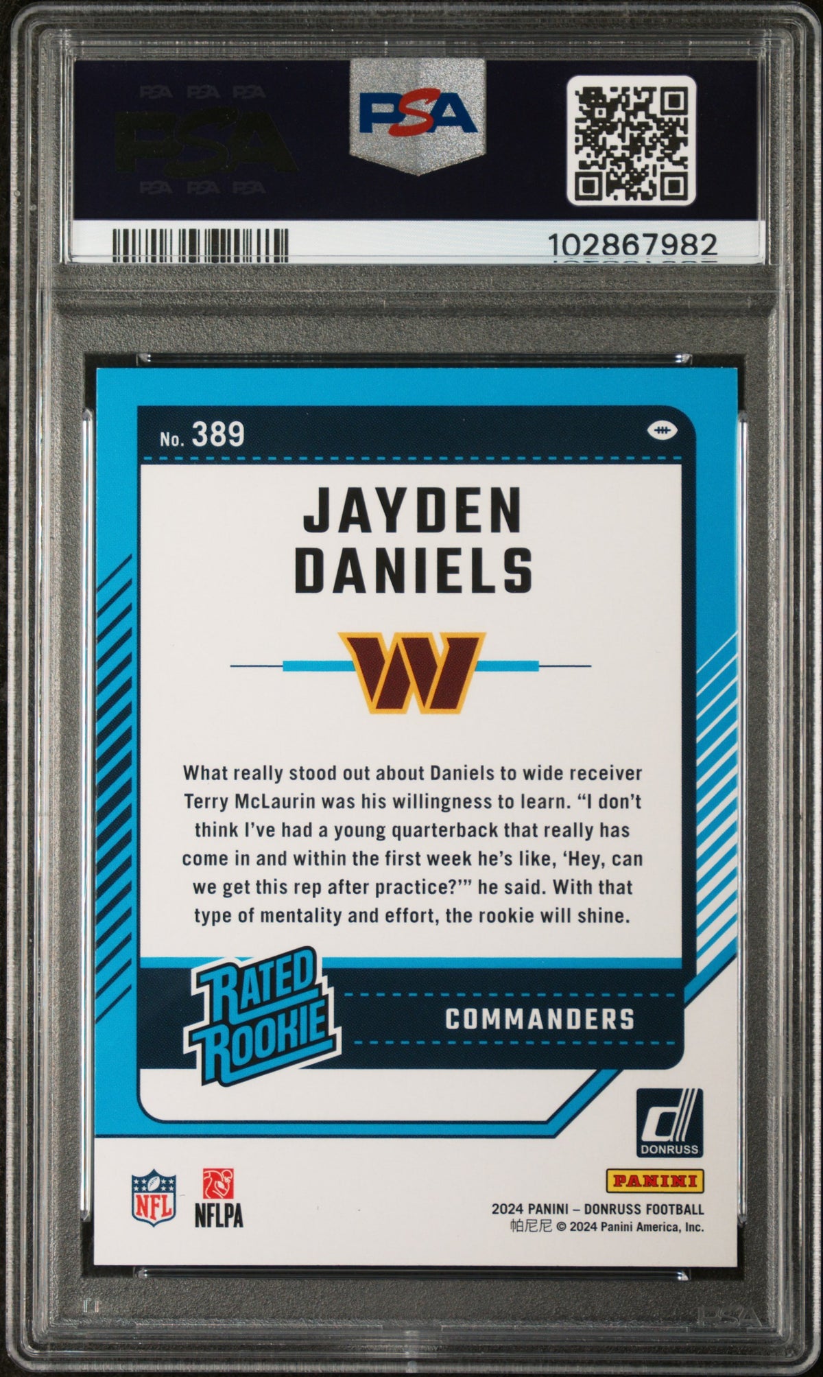 Jayden Daniels RC 2024 Donruss Purple Press Proof Rated Rookie #389 PSA 9-2