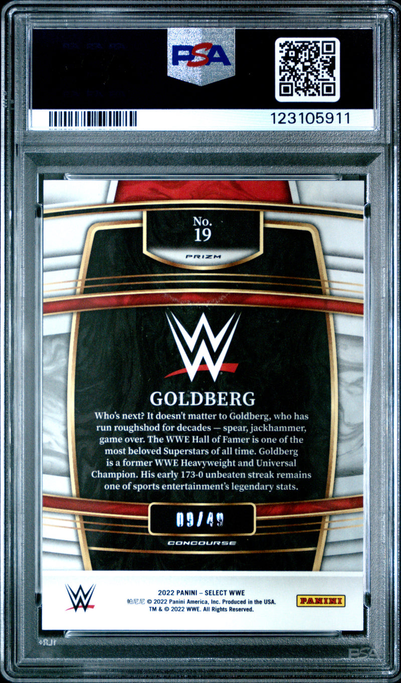 Goldberg 2022 Panini Select WWE Concourse Neon Green SP 9/49 PSA 9-2