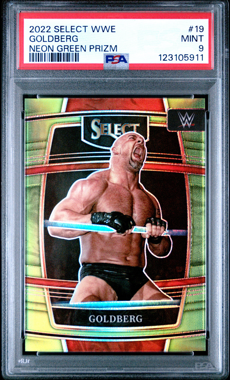 Goldberg 2022 Panini Select WWE Concourse Neon Green SP 9/49 PSA 9-1