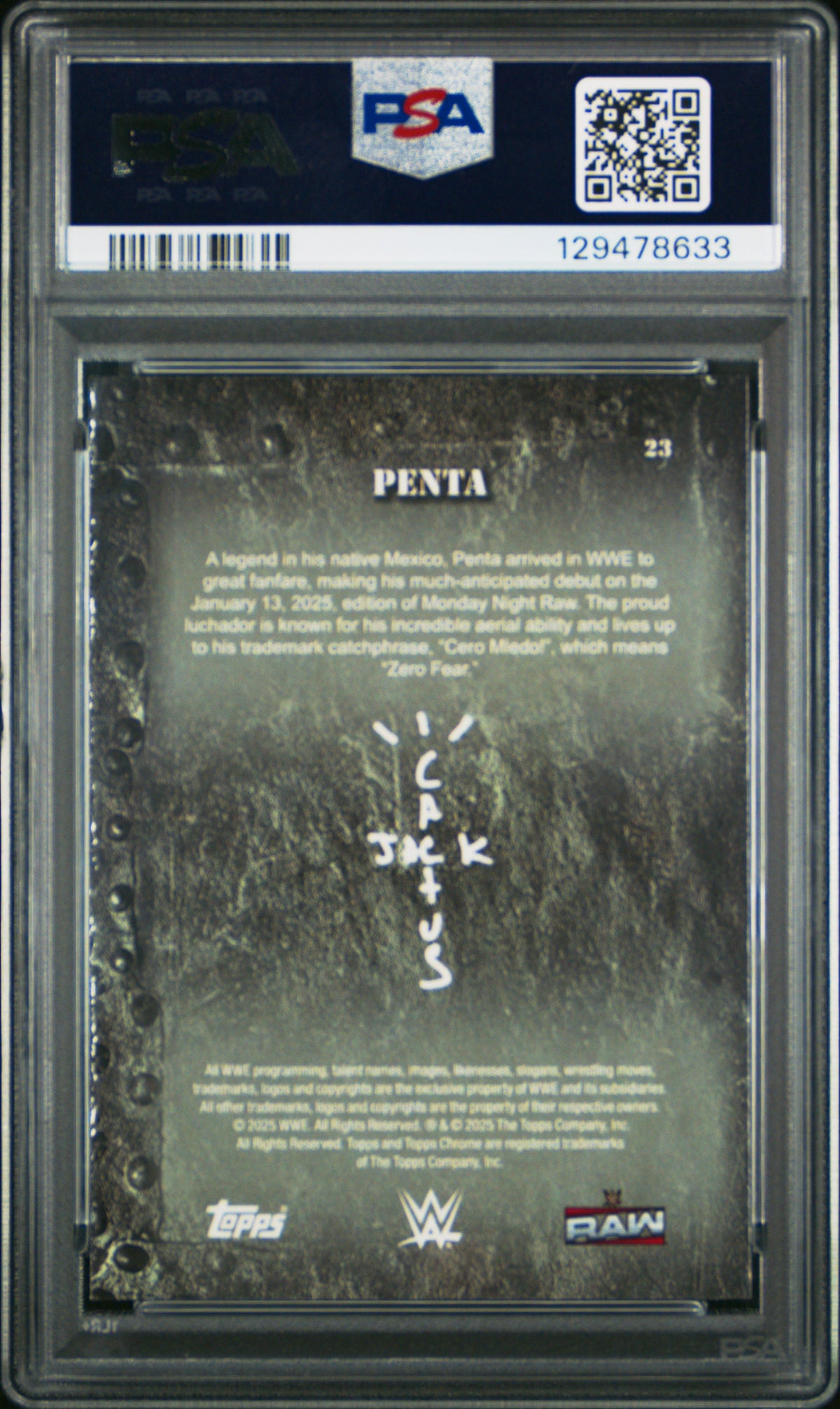Penta 2025 Topps Chrome X Cactus Jack WWE Blue Refractor SP 90/150 PSA 9-2