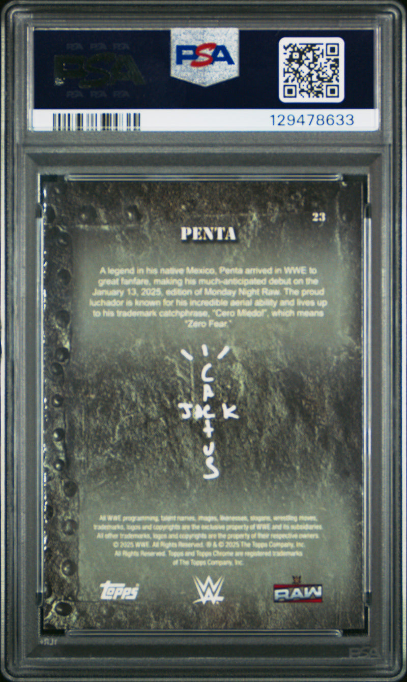 Penta 2025 Topps Chrome X Cactus Jack WWE Blue Refractor SP 90/150 PSA 9-2