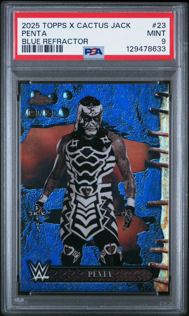 Penta 2025 Topps Chrome X Cactus Jack WWE Blue Refractor SP 90/150 PSA 9-1