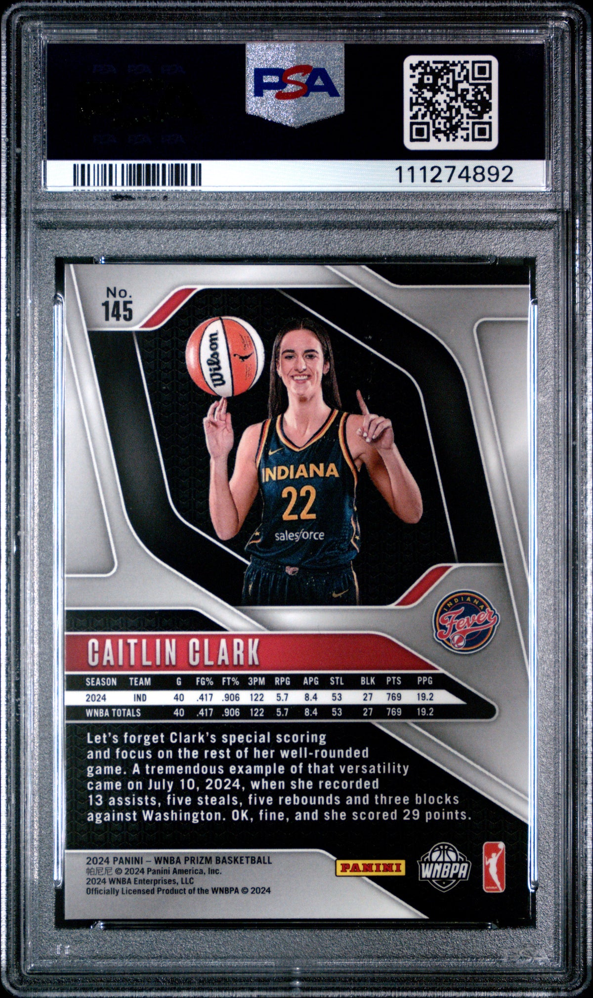 Caitlin Clark RC 2024 Panini Prizm WNBA Rookie #145 PSA 9-2