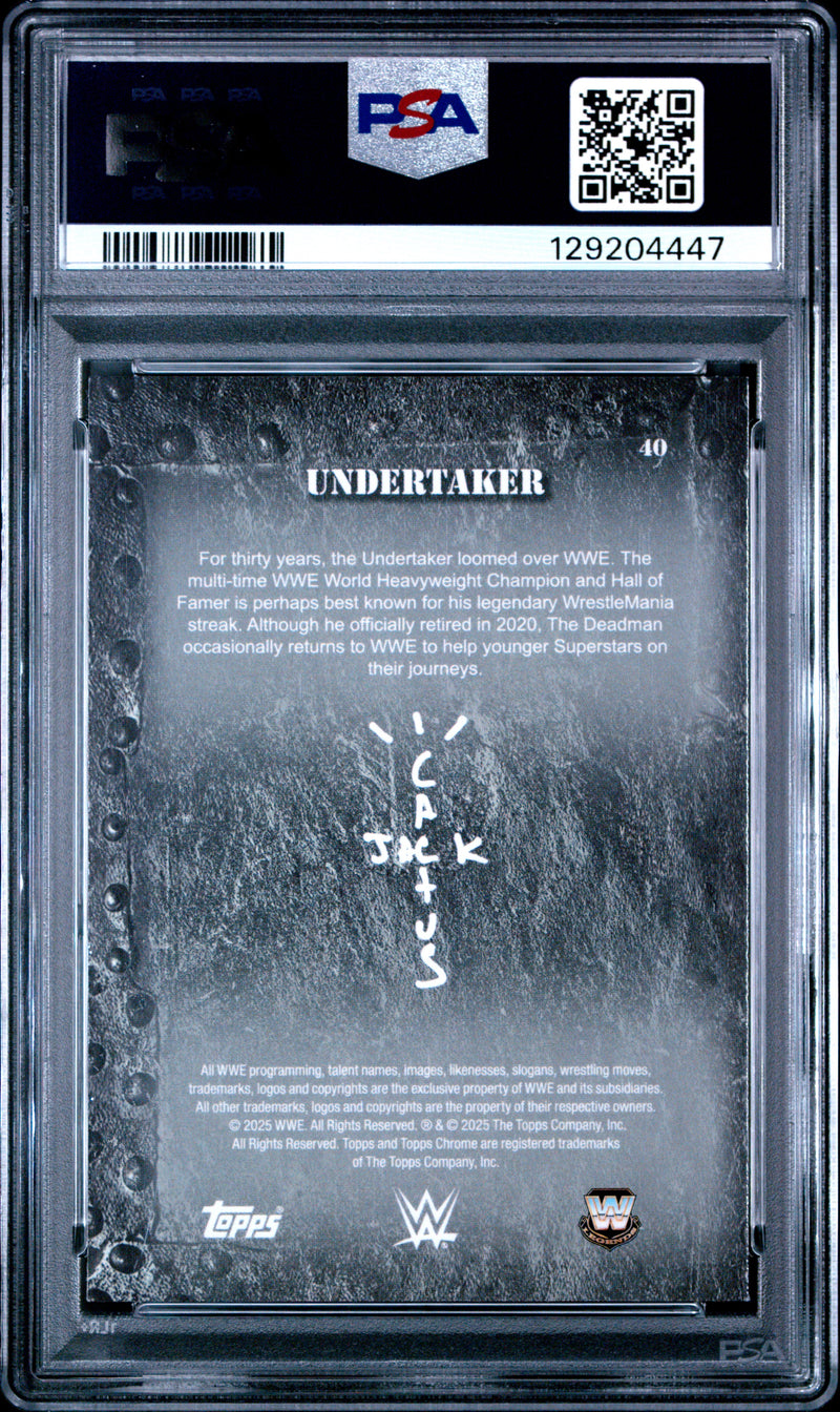 Undertaker 2025 Topps Chrome X Cactus Jack WWE Purple Refractor SP 31/250 PSA 9-2